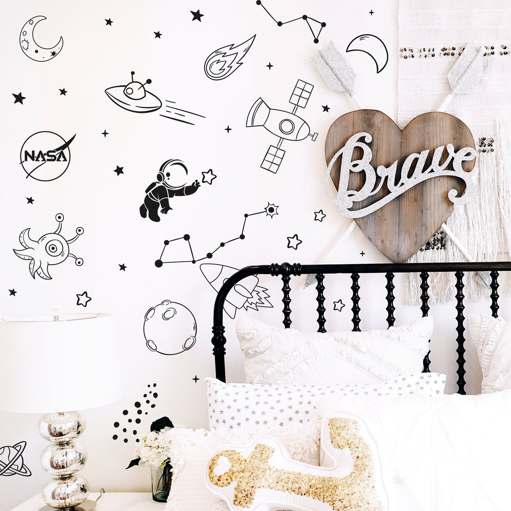 Decor for Boys Room Art Outer Space Star Rockets Planets Stickers Removable Space Wall Decal for Children Bedroom Decoration