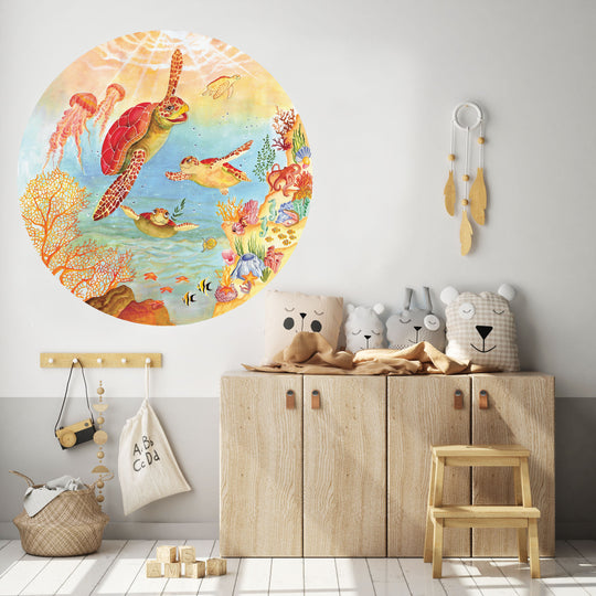 Watercolor Under The Sea Nursery Round Wallpaper - Come And Swim With Us!