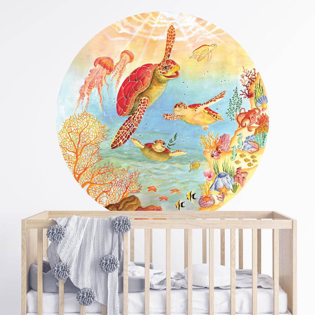 Watercolor Under The Sea Nursery Round Wallpaper - Come And Swim With Us!