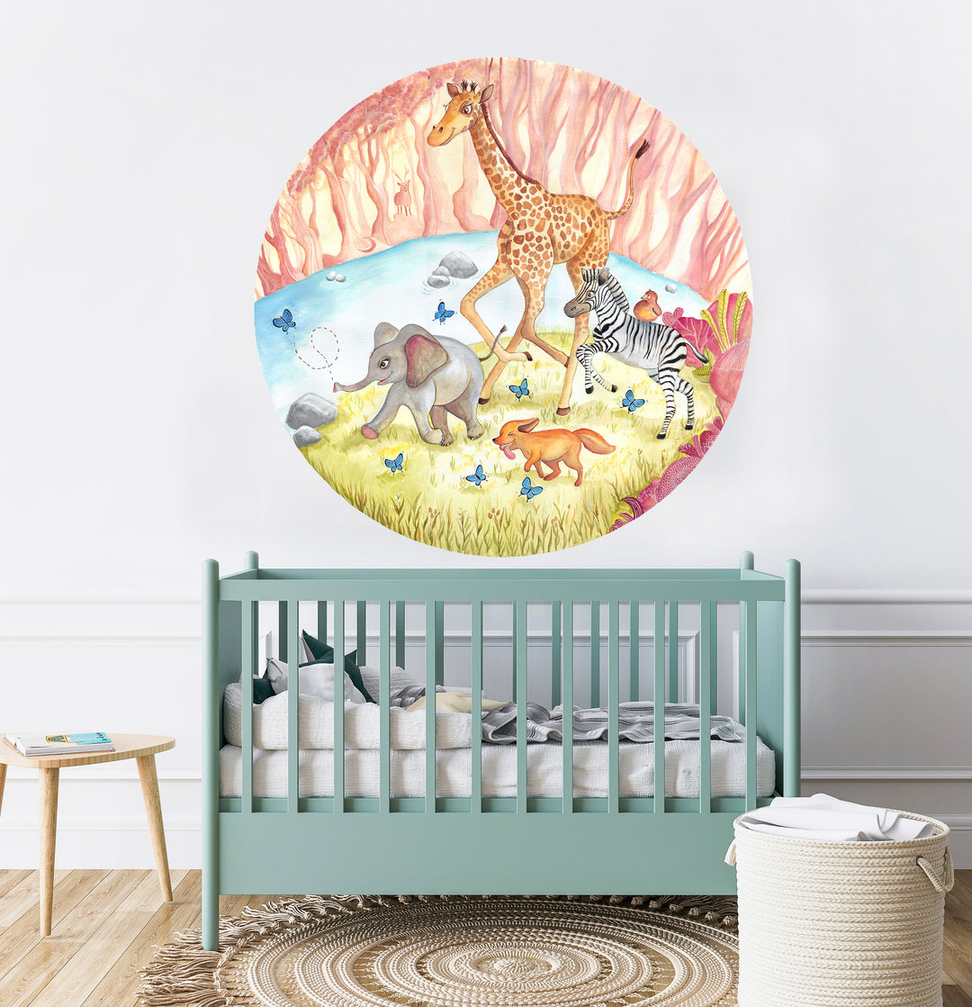 Watercolor Dreamy Forest Nursery Round Wallpaper - Follow your butterflies!