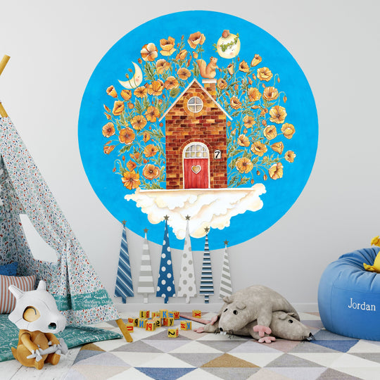 Watercolor A Magical House In The Sky Nursery Round Wallpaper!