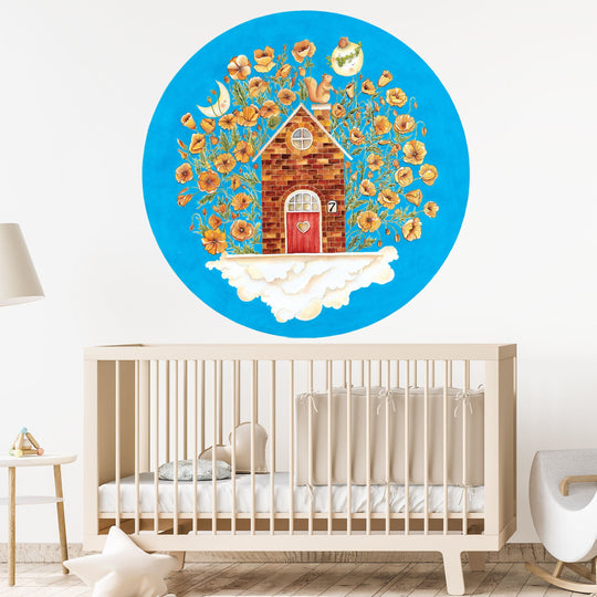 Watercolor A Magical House In The Sky Nursery Round Wallpaper!