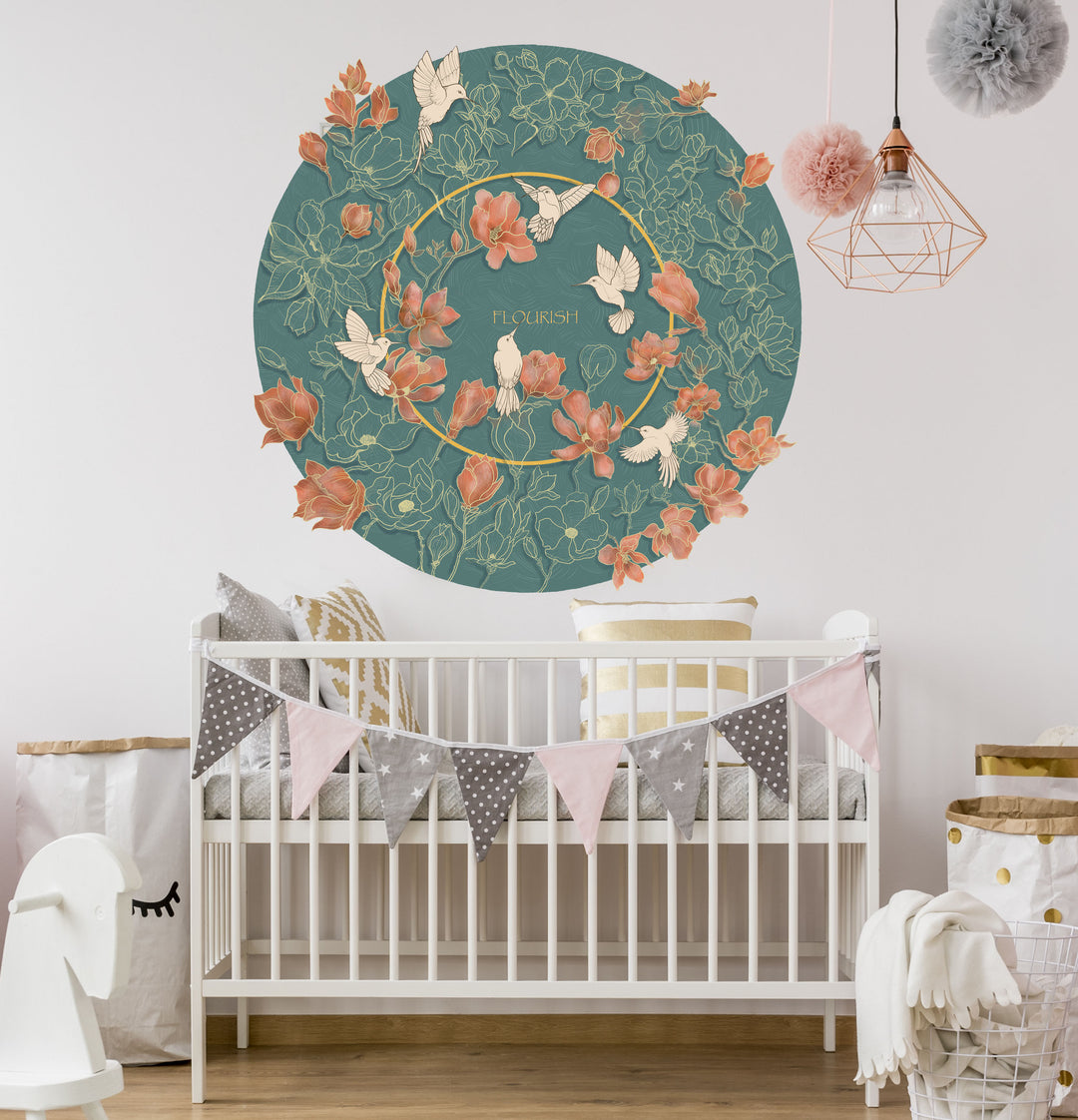 Amazing Little Birds & Magnolias Round Wallpaper-Choose Happiness For Your Nursery!