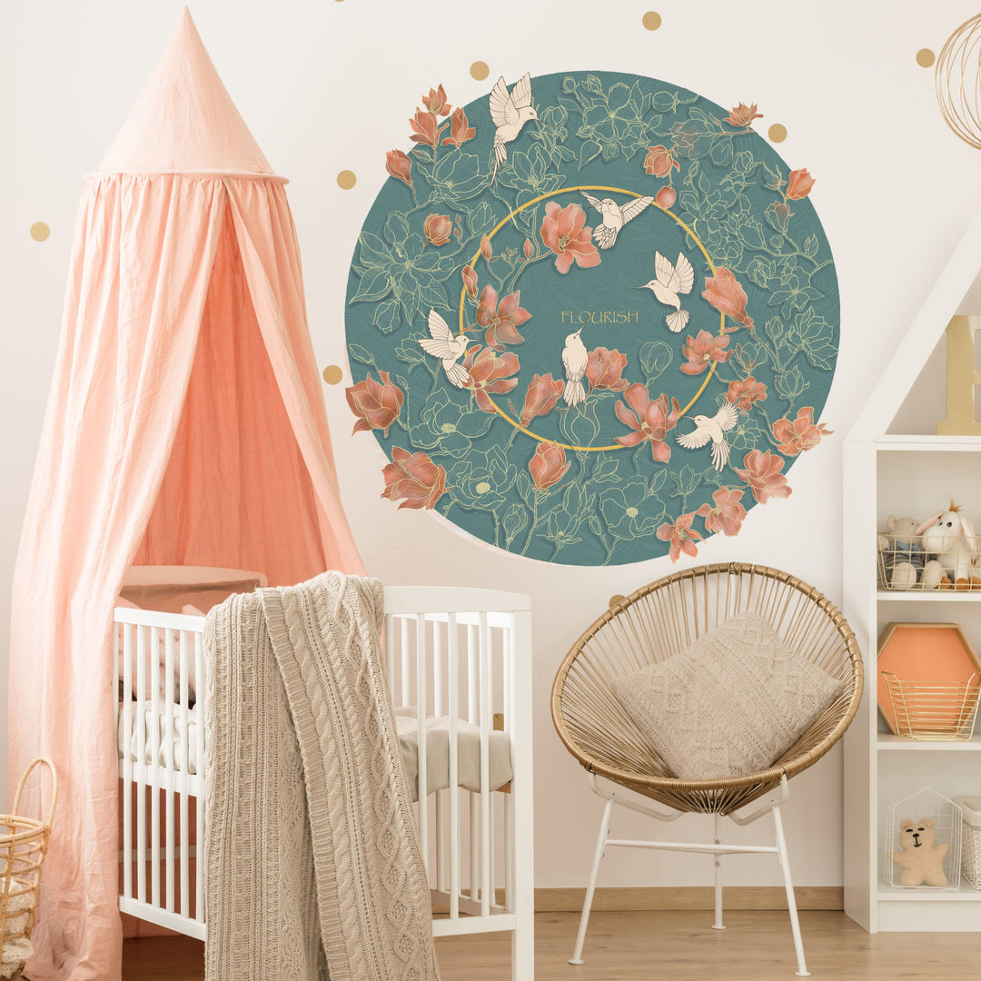 Amazing Little Birds & Magnolias Round Wallpaper-Choose Happiness For Your Nursery!